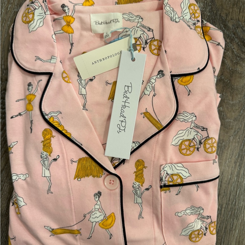 Anthropologie Pink Pajama Set with Yellow Illustrations